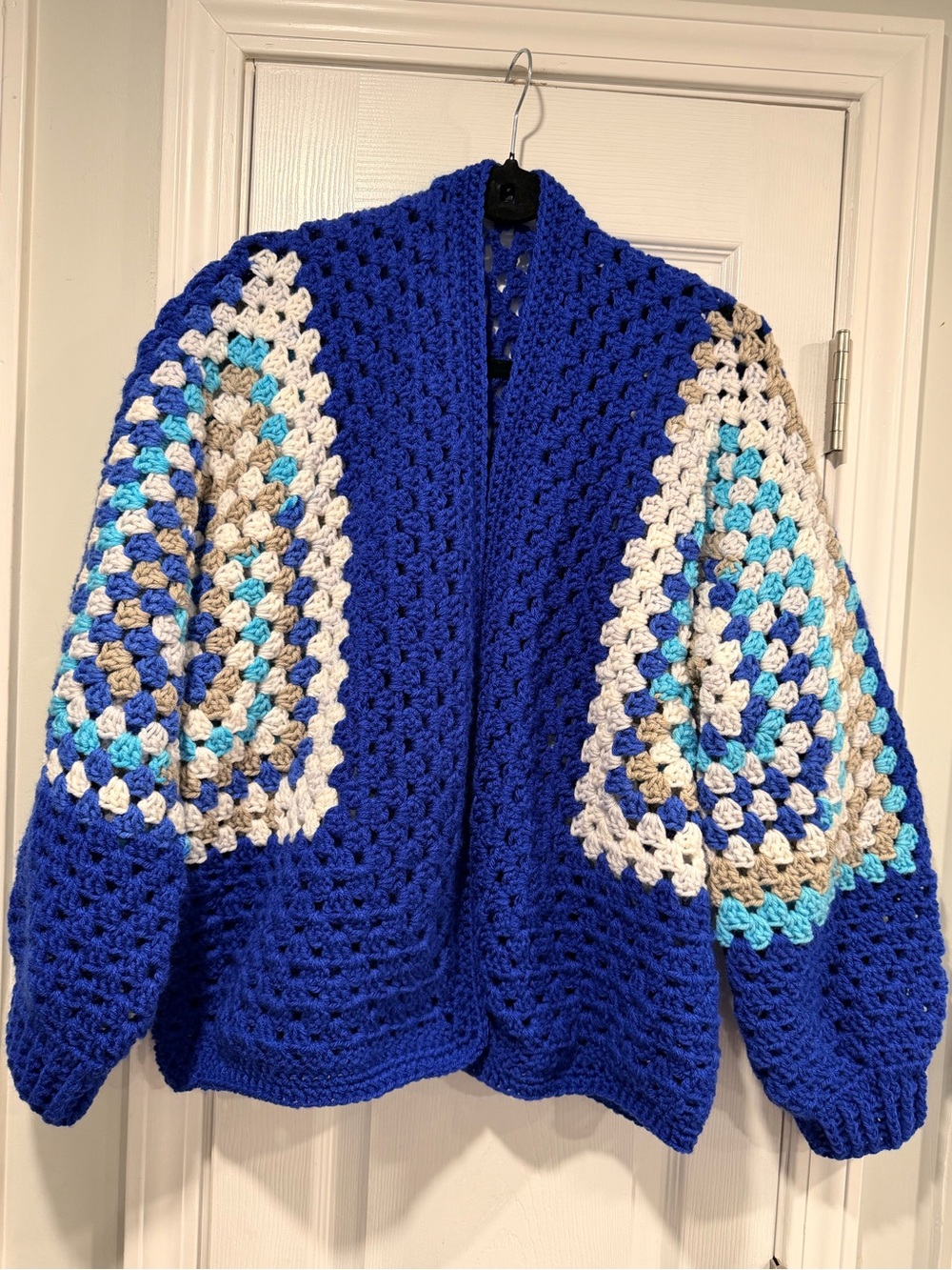 Handmade Crochet Granny Square One Size Cozy Cardigan Boho Chunky Knit Sweater